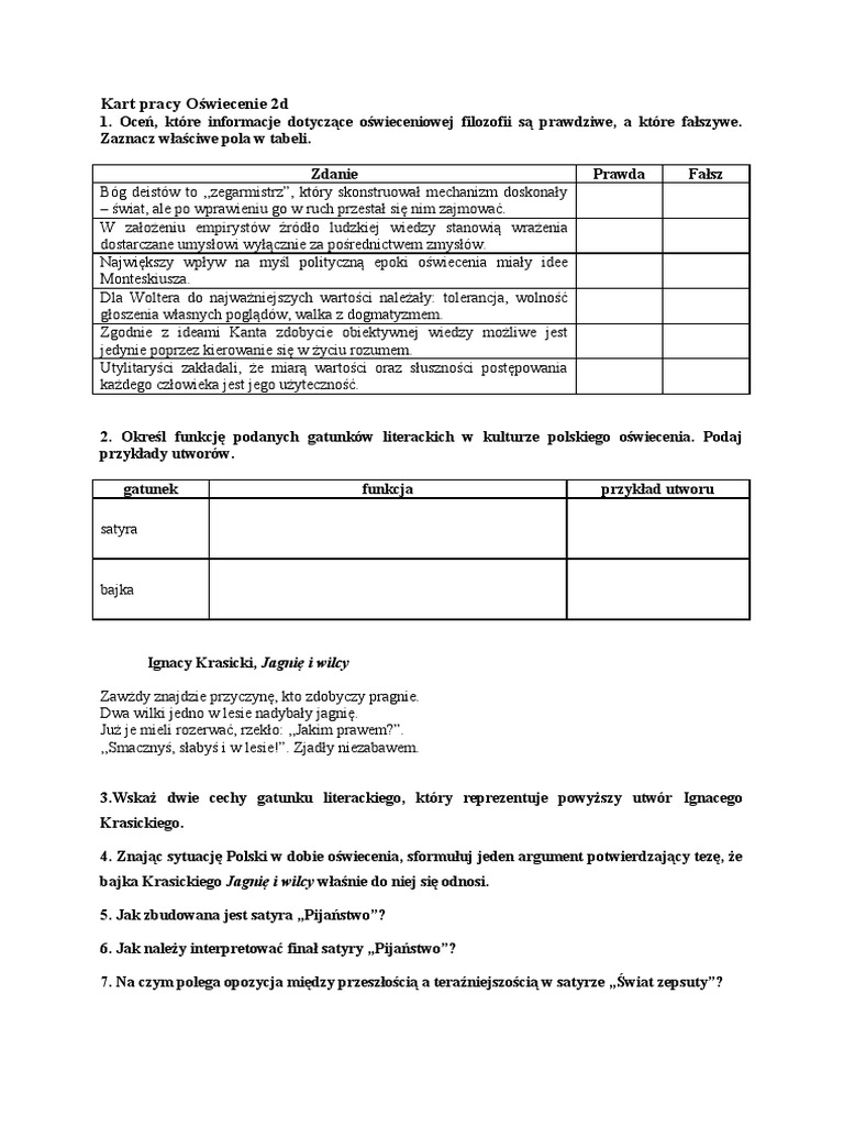 Kultura I Gospodarka 2 Rzeczypospolitej Karta Pracy Karta Pracy Oświecenie 2d | PDF