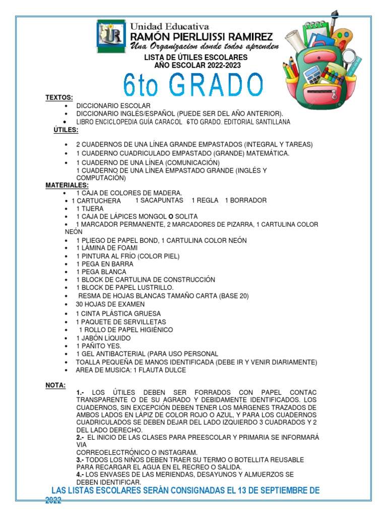 Útiles Escolares 6to Grado 2022-2023 | PDF