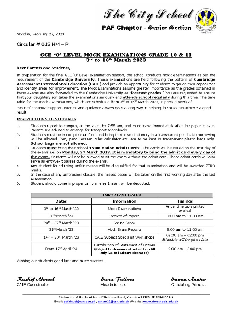 GCE O-Level Mock Exams Schedule 2023 | PDF | Educational Stages