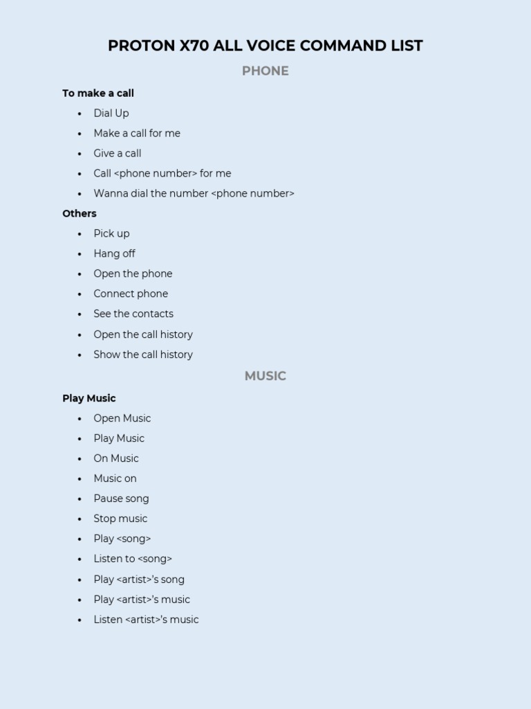 Proton X70 All Voice Command List | PDF | Information And ...