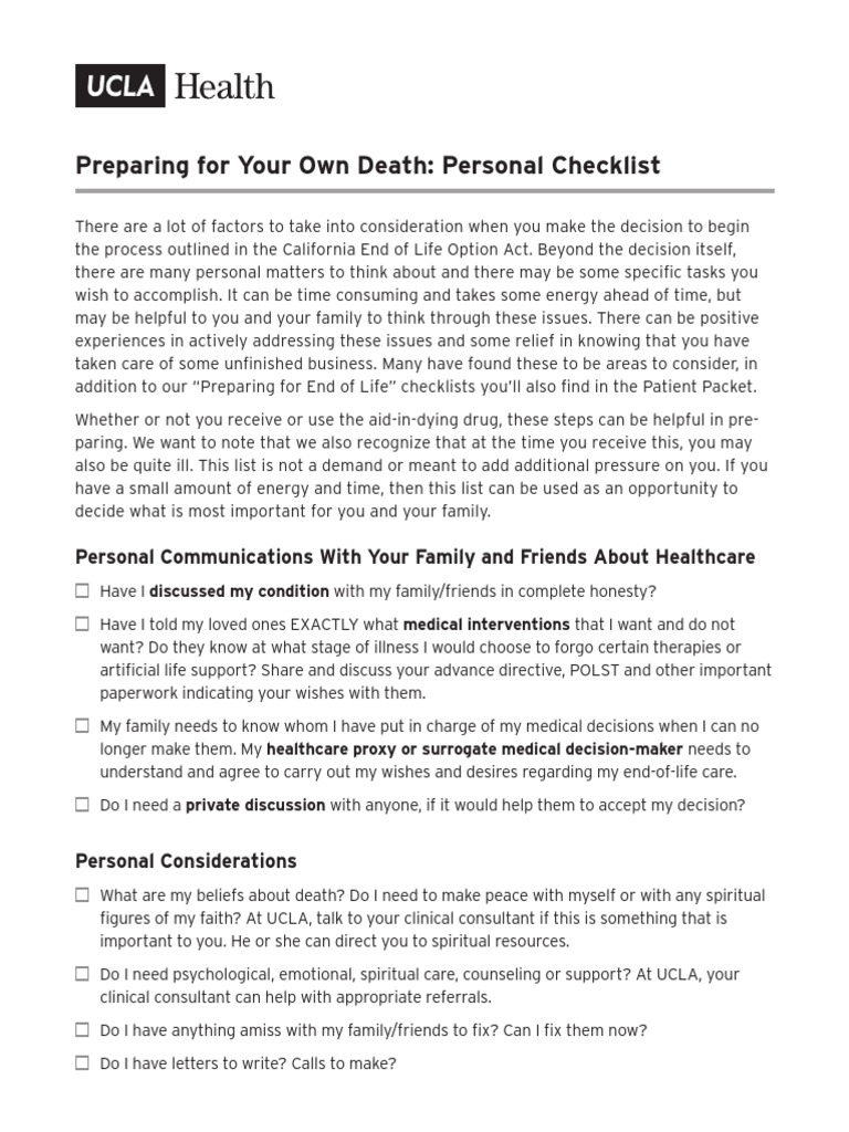 Preparing For Own Death Personal Checklist Download Free PDF