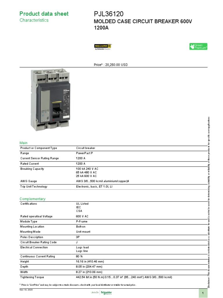 PowerPact PFrame Molded Case Circuit Breakers PJL36120 PDF Electricity Electrical