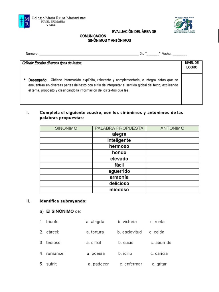 Práctica calificada SINÓNIMOS y ANTÓNIMOS final | PDF