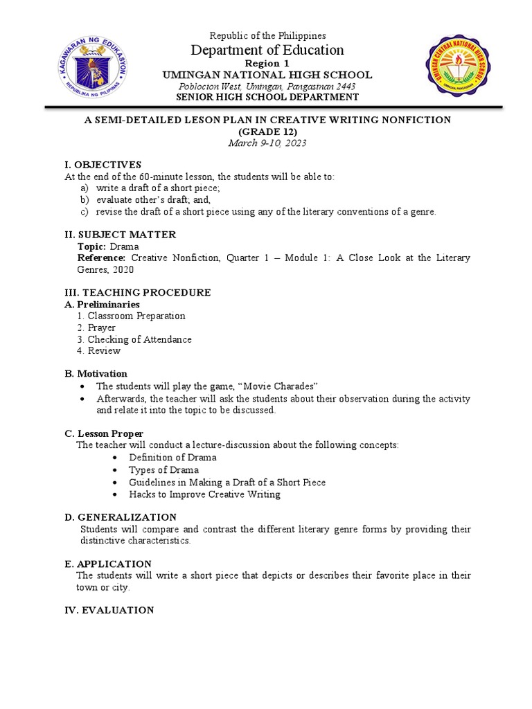 Grade 12 Creative Writing Lesson Plan | PDF | Lesson Plan | Learning
