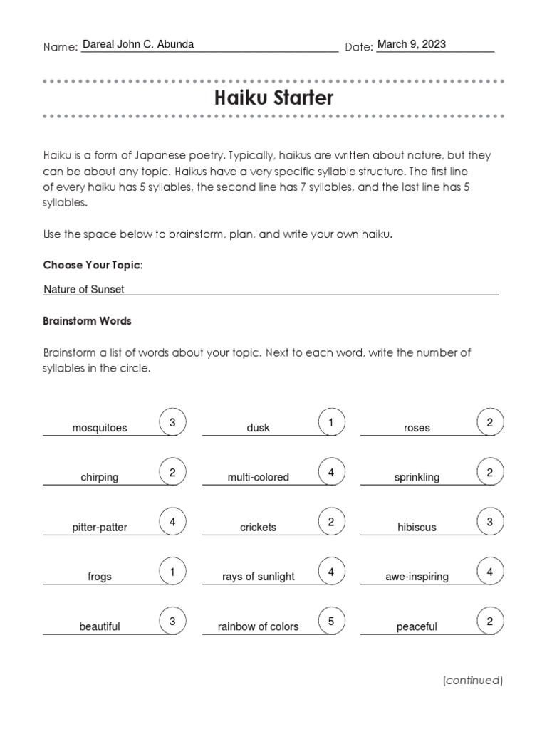 Haiku Writing Worksheet | PDF