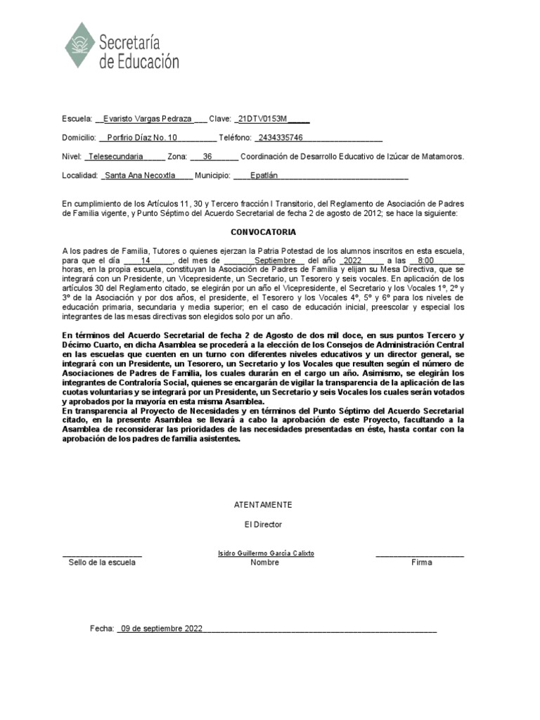 Acta de Constitución de APF Escolar | PDF | Educación de la primera ...
