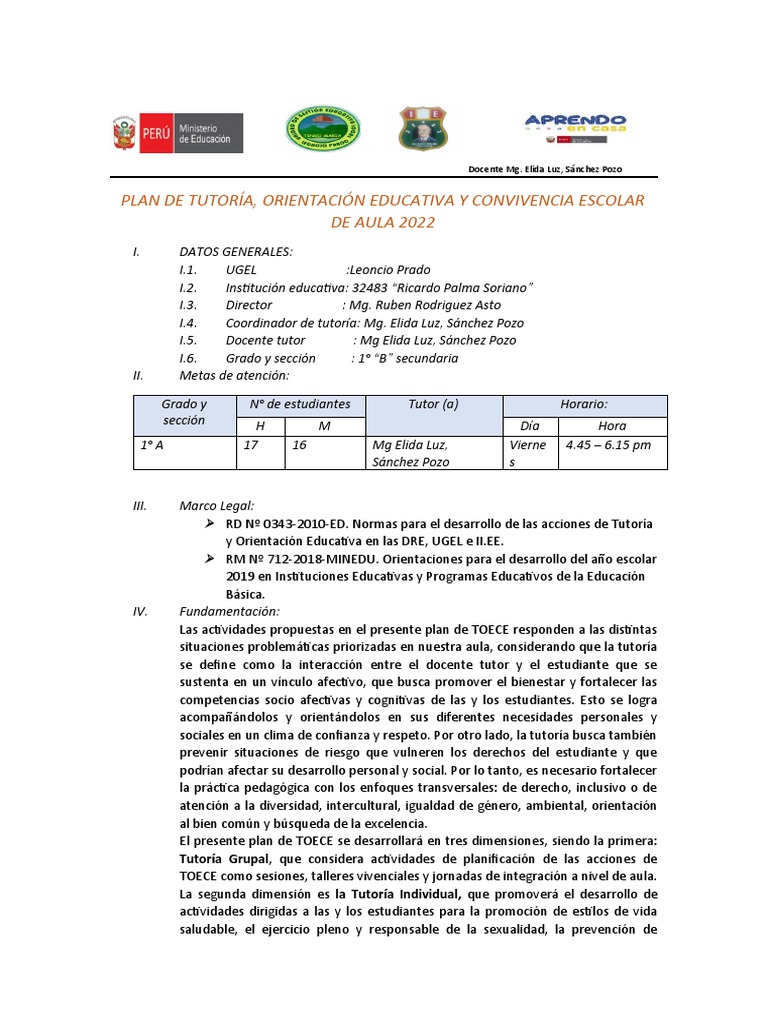 Plan de Tutoría y Convivencia Escolar 2022 | PDF | Salón de clases ...