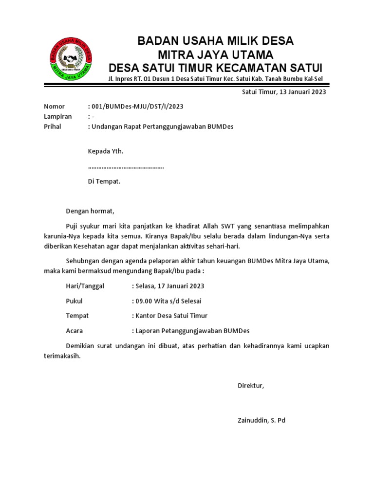 Undangan Rapat Bumdes | PDF