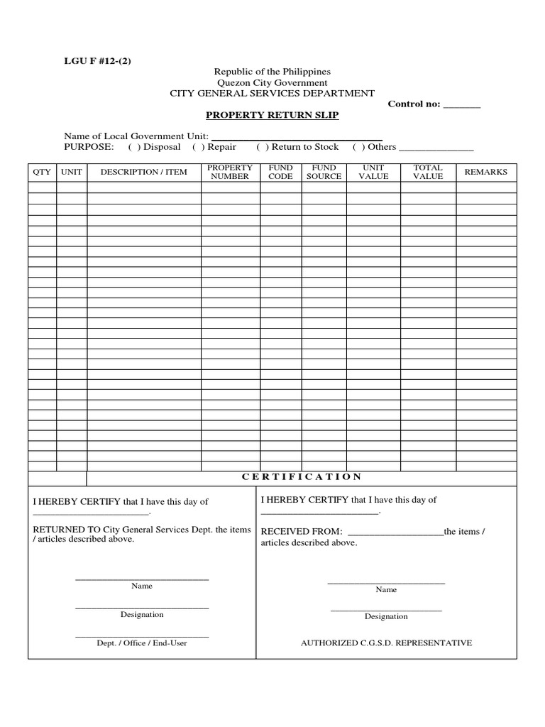 Quezon City Property Return Form | PDF