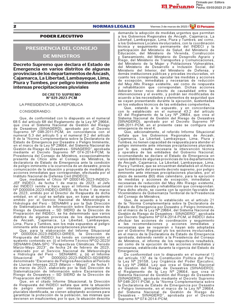 Decreto Supremo Que Declara El Estado de Emergencia en Vario Decreto ...