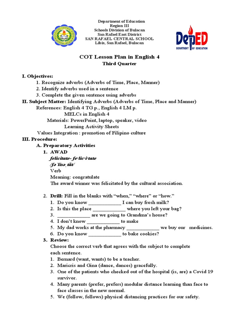 Cot Lesson Plan In English 4 3rd Quarter Pdf Adverb