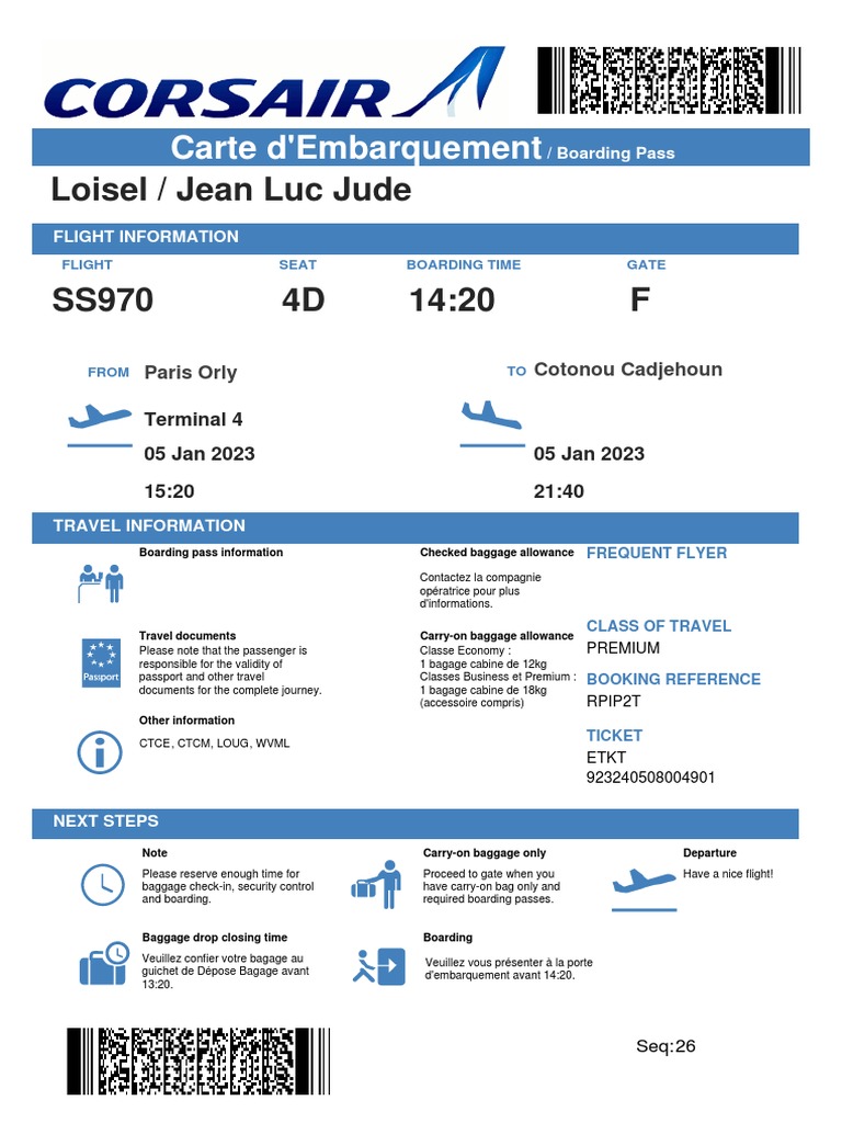 A. Votre Carte D'embarquement Pour Cotonou CORSAIR PDF Download Free PDF Baggage Aviation