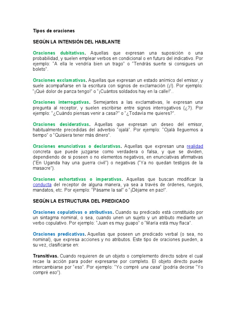 Tipos de Oraciones y sus Clases | PDF | Oración (Lingüística) | Verbo