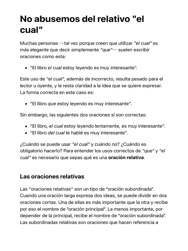 Uso correcto de "el cual" en oraciones | PDF | Oración (Lingüística ...