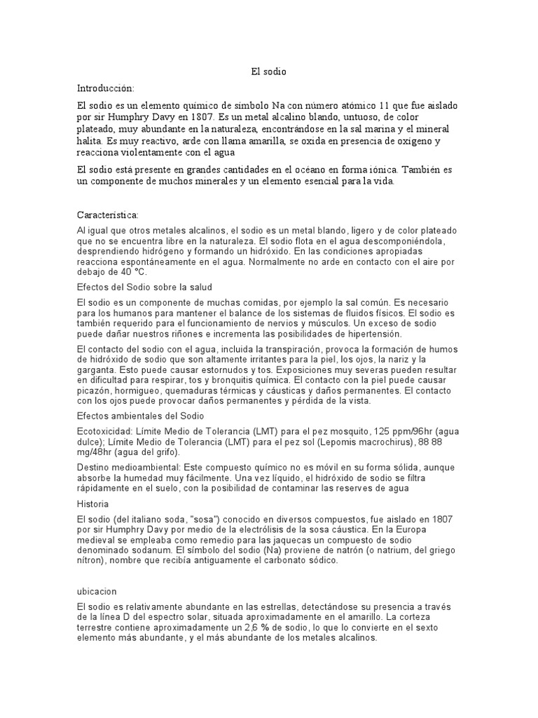 Características y usos del sodio | PDF | Sodio | Compuestos químicos