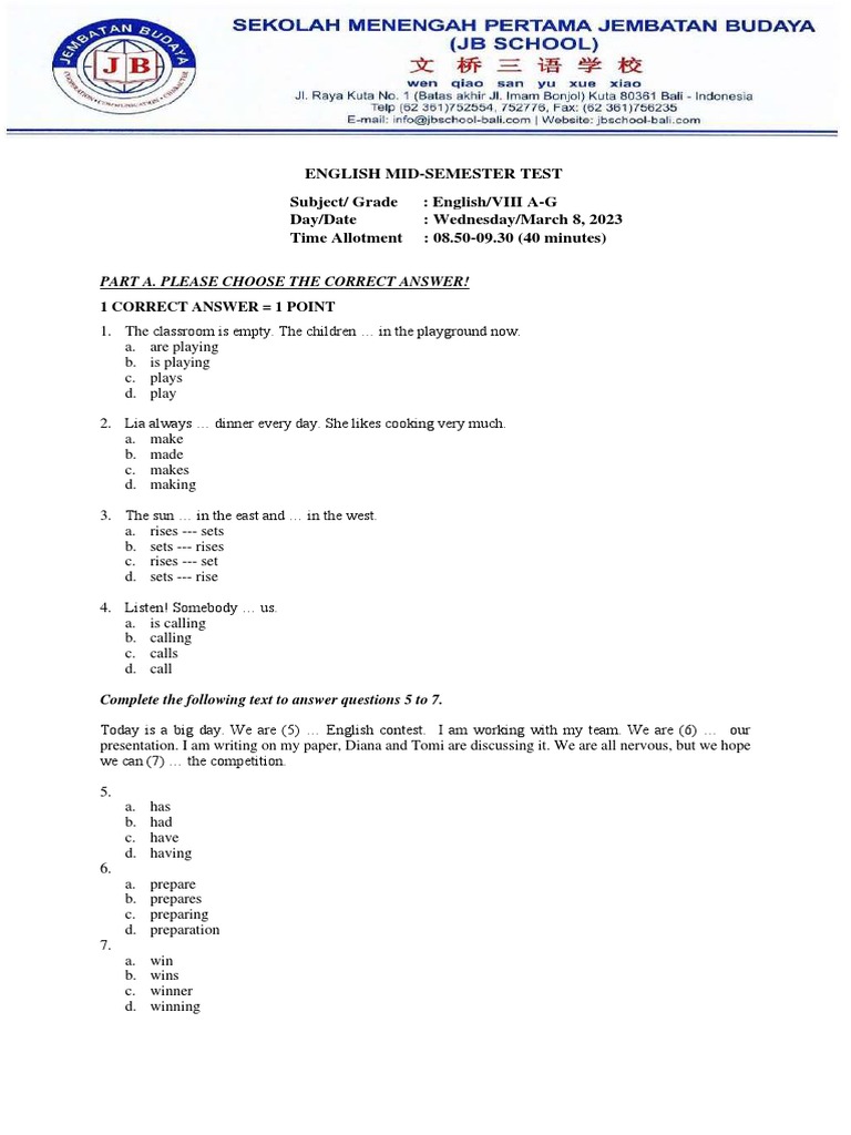 Grade 8 English Mid-Semester Test | PDF | Snake