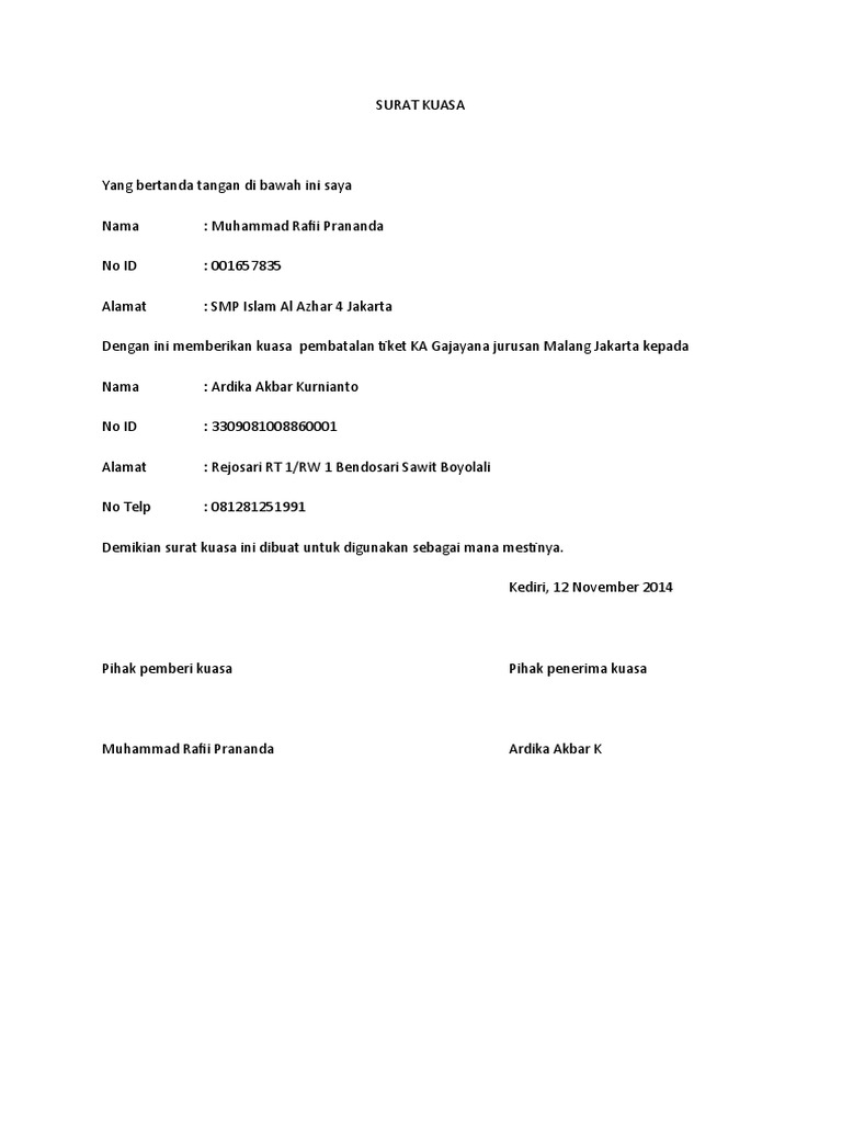 SURAT KUASA pembatalan Tiket.docx | PDF