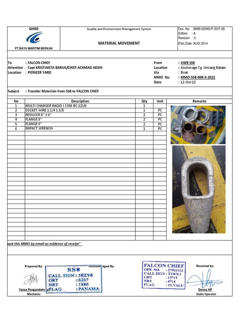 Material Movement Document for Falcon Chief | PDF
