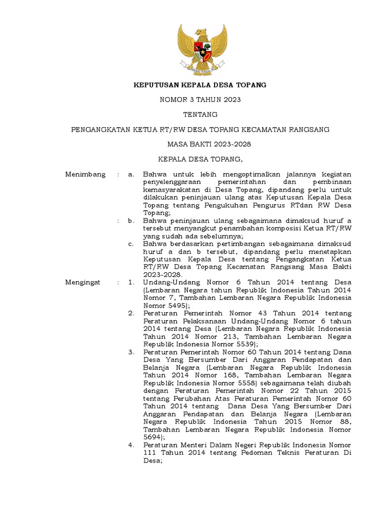 SK Pengangkatan Ketua RT/RW 2023-2028 | PDF