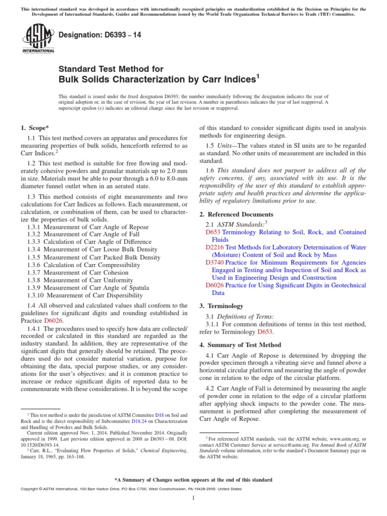Standard Test Method For Bulk Solids Characterization by Carr Indices 1