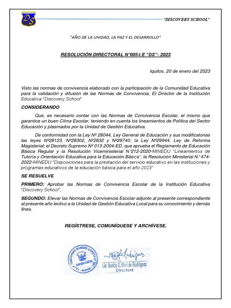 Normas de Convivencia Escolar 2023 | PDF | Salón de clases | Maestros