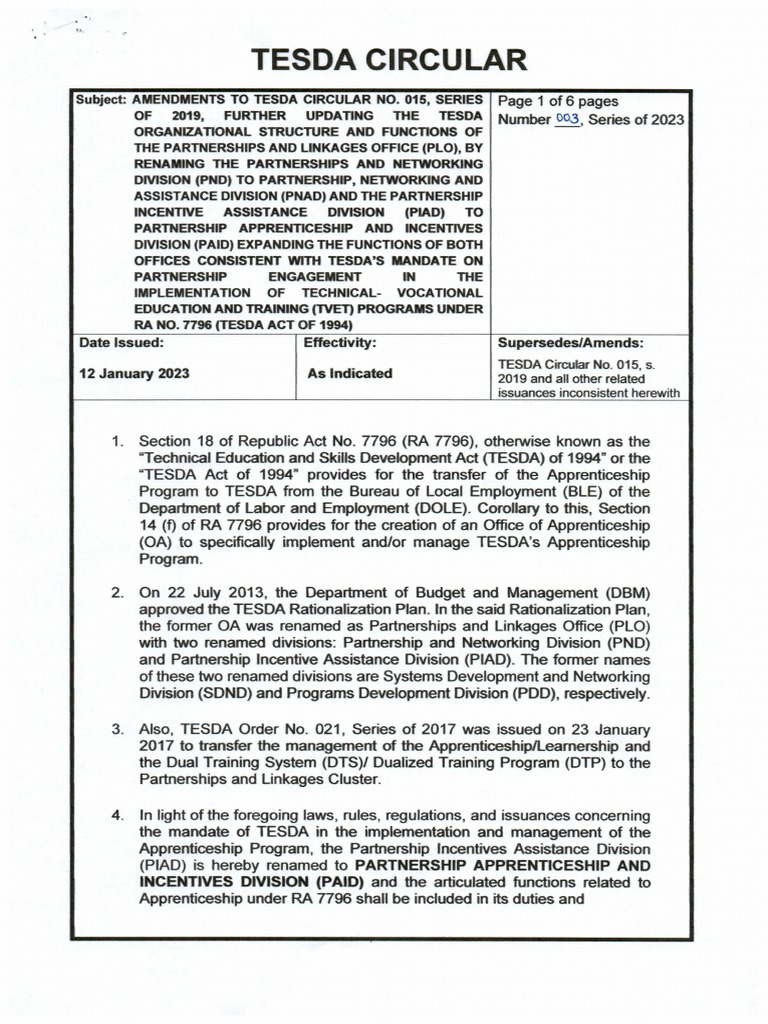 TESDA Circular 003: Apprenticeship Updates | PDF | Vocational Education ...