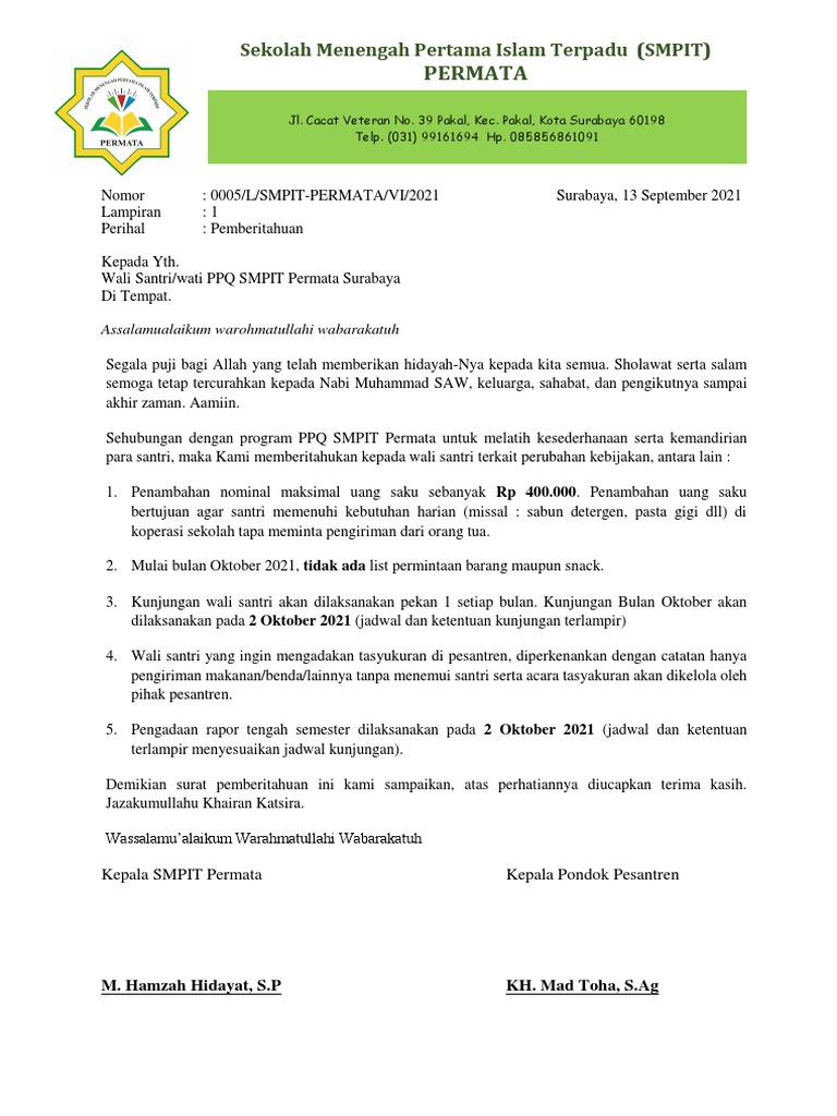 005 Surat Pemberitahuan Wali Santri | PDF