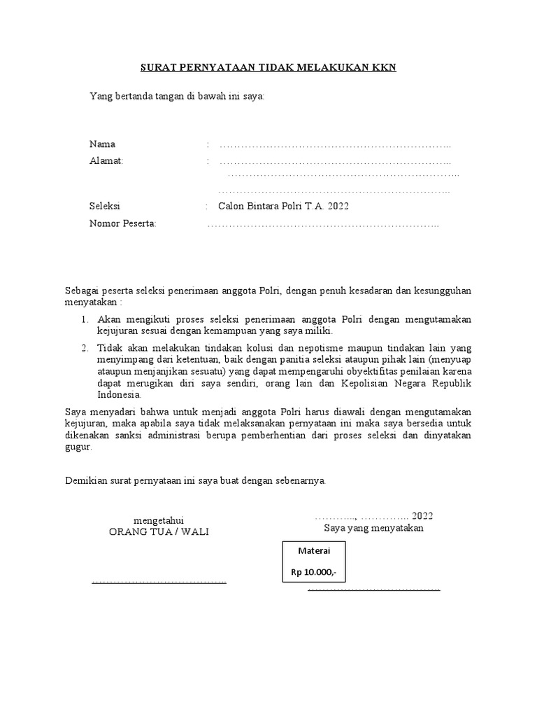 SURAT PERNYATAAN TIDAK MELAKUKAN KKN  PDF