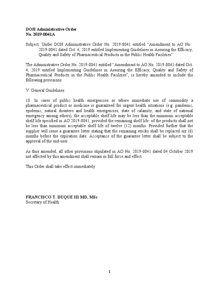 DOH Admin Order 20190041A Shelf Life of Drugs and Medicines PDF