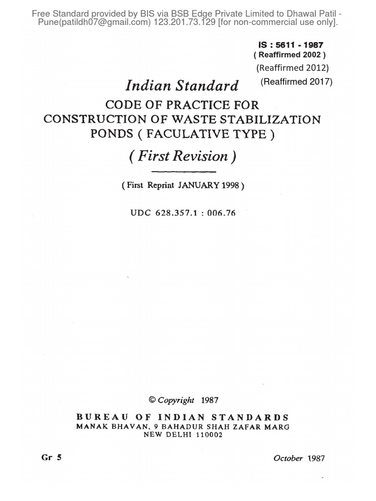 5611 1987 Code of Practice For Construction of Waste Stabilization Ponds PDF PDF Water