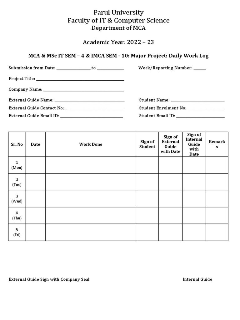 MCA Project Daily Work Log Template | PDF