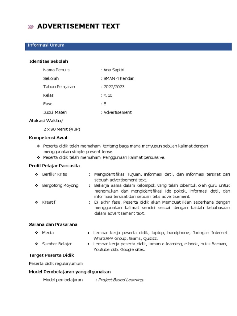 MODUL AJAR DIFFERENSIASI KELAS X Advertisement text | PDF