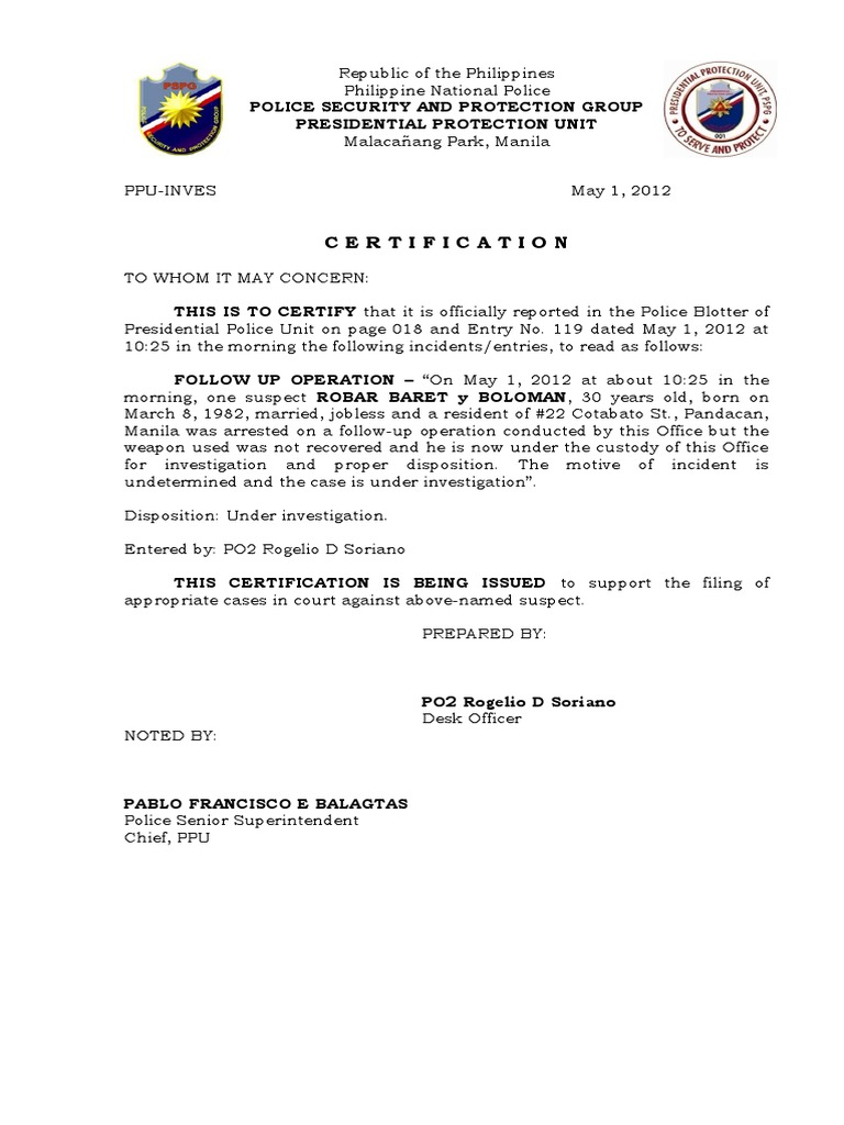 Certification of Blotter Follow Up Investigation PDF