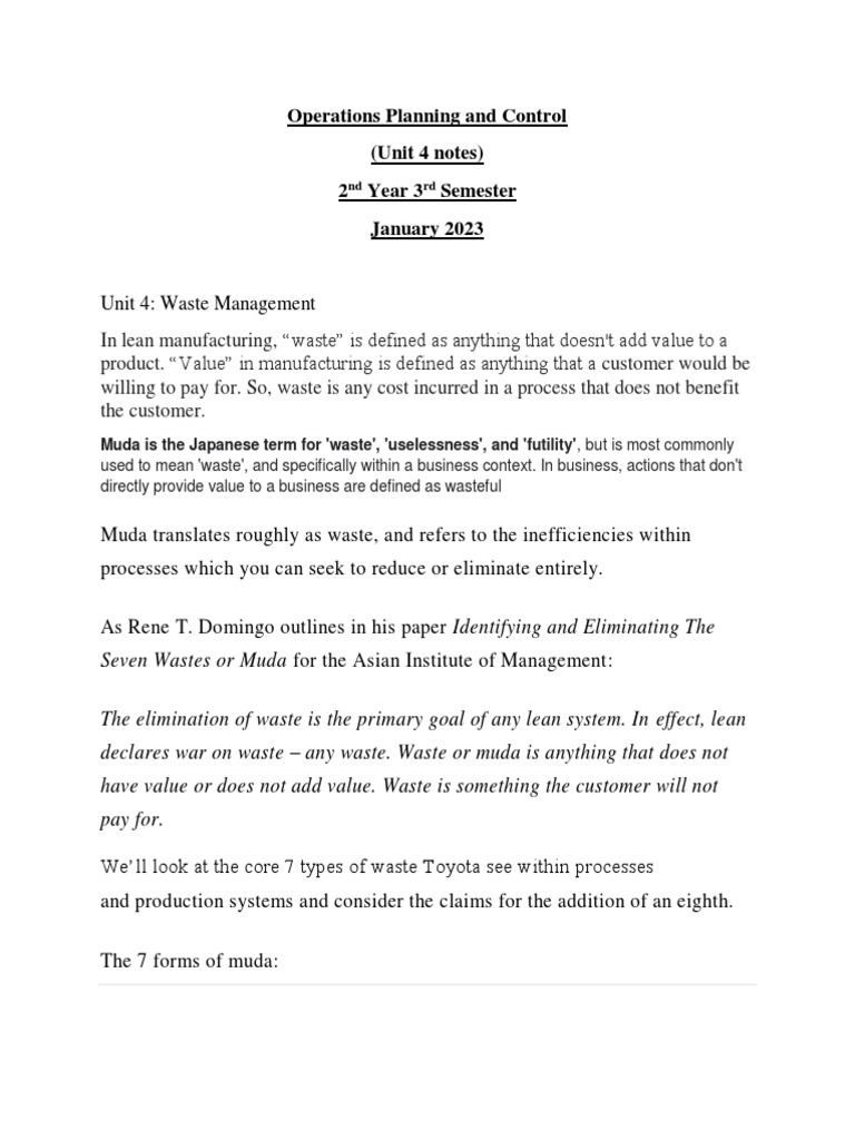 Unit 4 Notes Operations Planning and Control PDF Lean