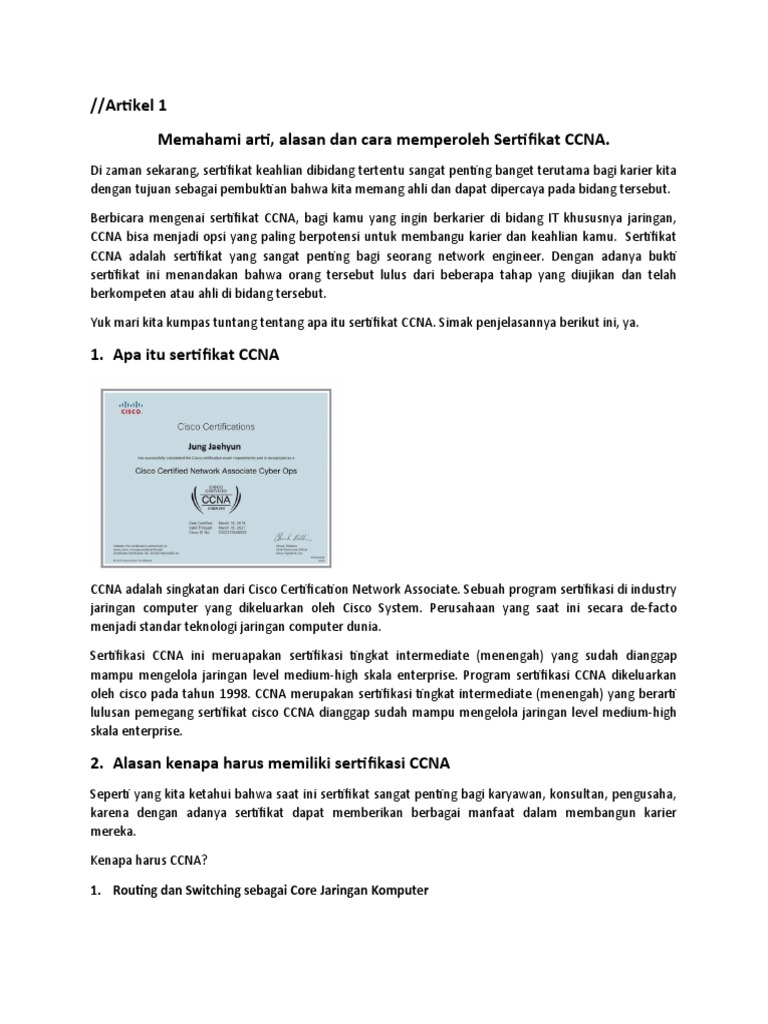 Artikel Memahami Arti Alasan Hingga Mendapatkan Sertifikat Ccna PDF