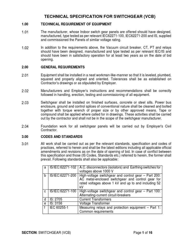 Technical Specs for VCB Switchgear | PDF | Relay | Electrical Connector