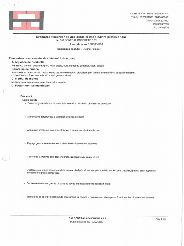 Evaluare Riscuri SSM - Dulgher Tamplar | PDF