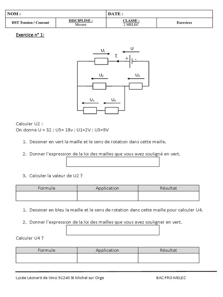 Exercices sur la loi des mailles et nœuds PDF Électrotechnique — free download