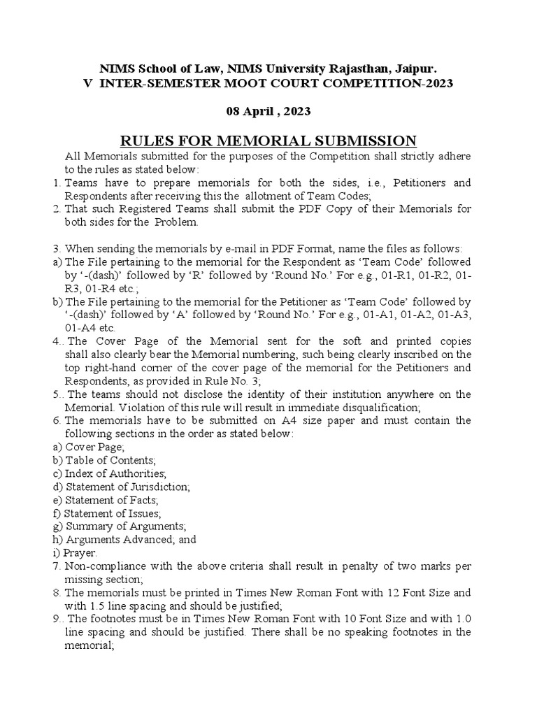 Rules For Memorial Submission PDF Justice Crime & Violence