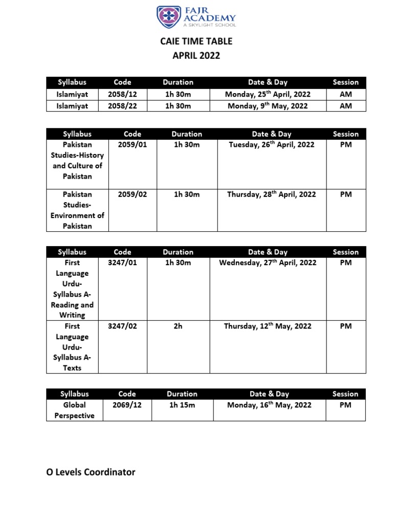 Caie Time Table 2022 PDF