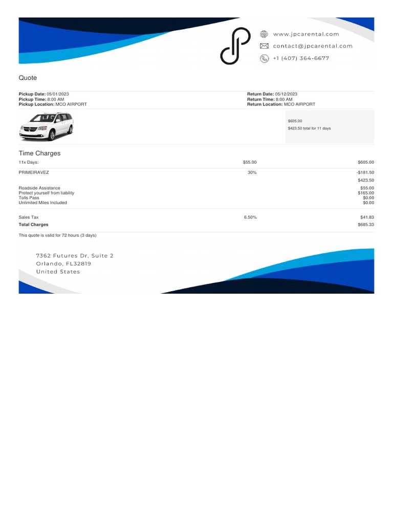 Car rental quote from MCO airport for 11 days PDF