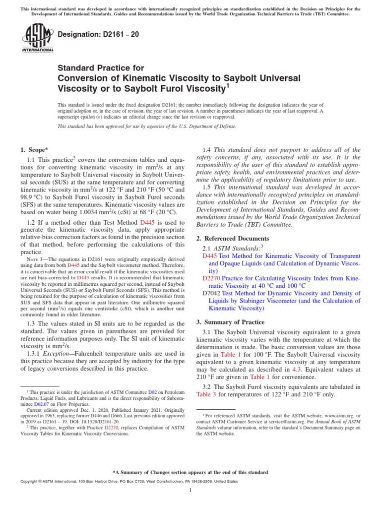 ASTM D 2161 Standard Practice For Conversion of Kinematic Viscosity To