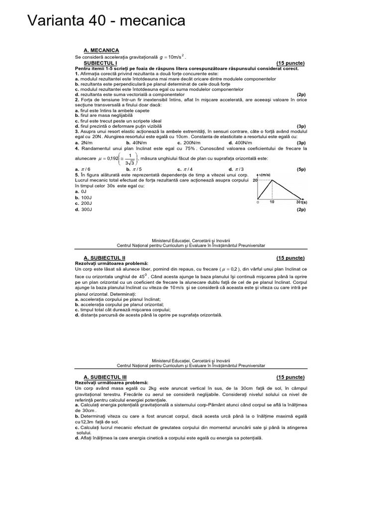 Varianta 40 MECANICĂ | PDF