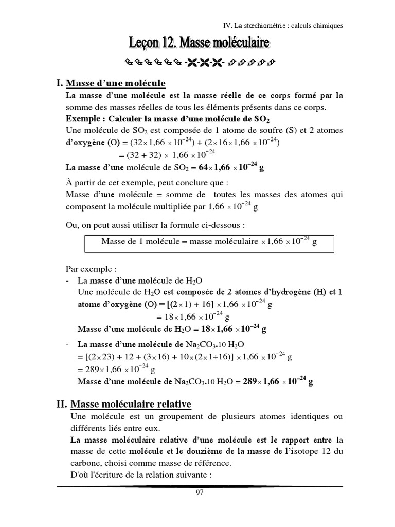 Calculs de masse moléculaire en chimie | PDF | Molécules | Masse ...