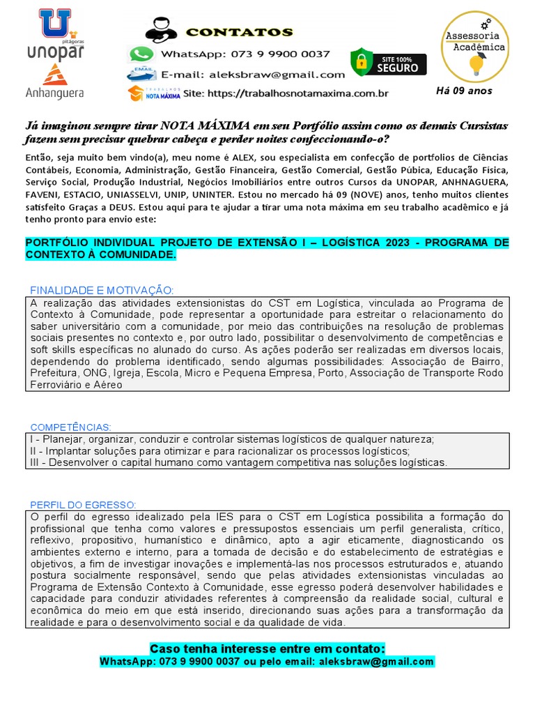 PORTFÓLIO INDIVIDUAL PROJETO DE EXTENSÃO I – LOGÍSTICA 2023 - PROGRAMA ...