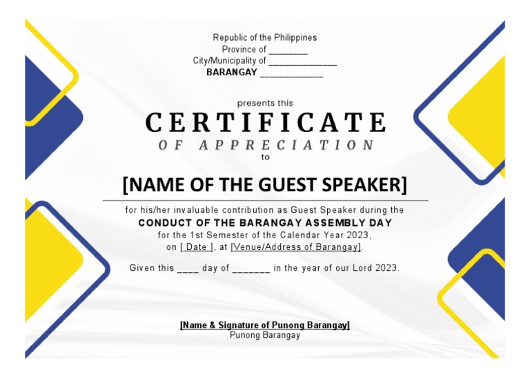Certificate of Appreciation for Assembly Speaker | PDF