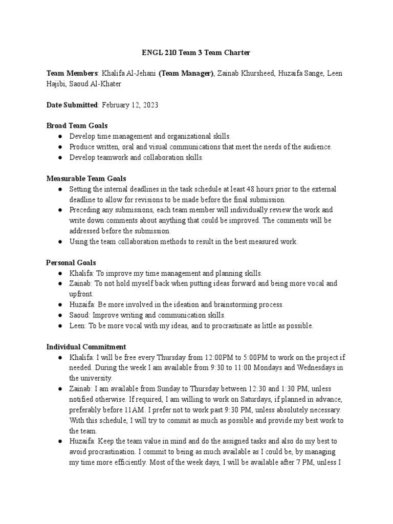 Engl 210 Team 3 Team Charter Charter | PDF | Workweek And Weekend ...