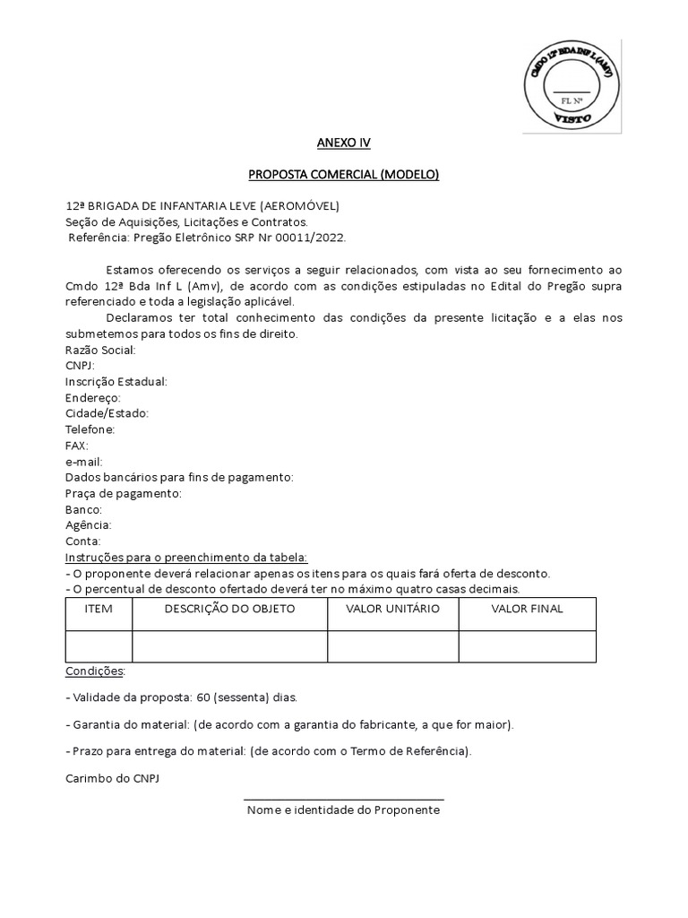 Anexo IV - Modelo de Proposta | PDF