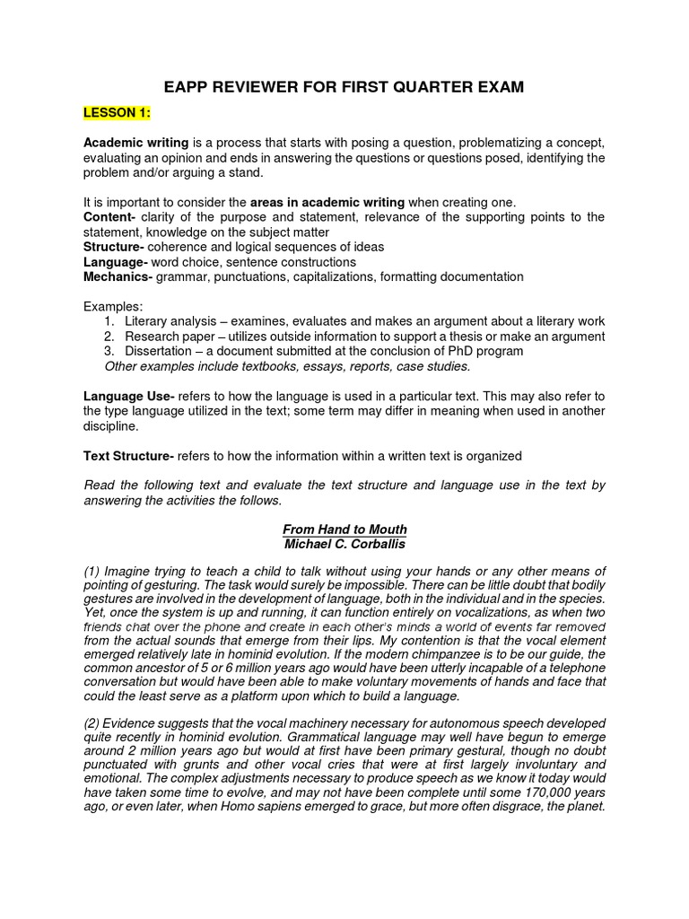 EAPP First Quarter Exam Reviewer | PDF | Gesture | Speech