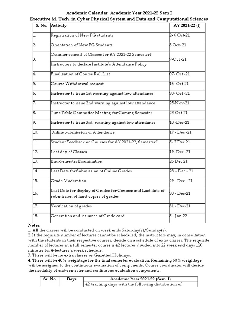 Academic Calendar A.Y. 202122 Sem I Executive M.Tech. in CPS and DCS